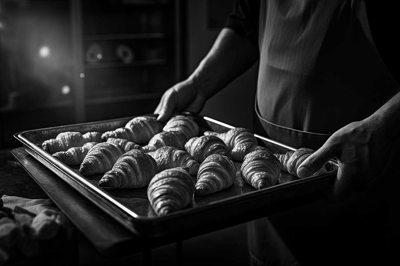 baker-sosteniendo-bandeja-metal-llena-croissants-recien-hechos-iluminados-hermosa-luz-ventana-ai-generativo